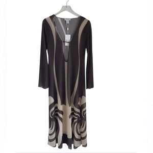 Caroline Constas Brown & Cream Abstract Pattern Long Sleeve Cover-Up Maxi Dress
